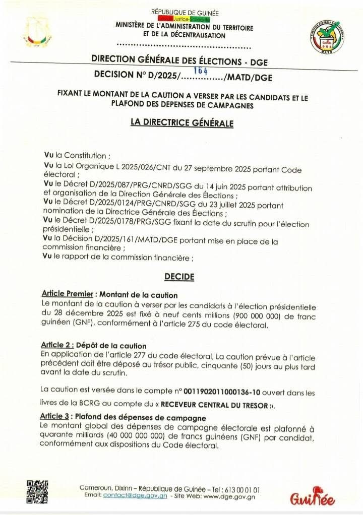 image-1 Présidentielle 2025 : la caution fixée à 900 millions GNF et le plafond des dépenses de campagne à 40 milliards