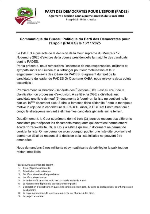 image-3 Rejet de sa requête par la Cour Suprême: le parti PADES s'en prend à la DGE (Déclaration)