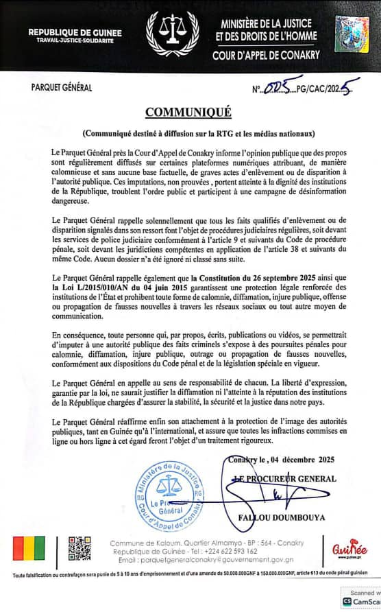 image Guinée/Justice: le procureur général près la Cour d'Appel de Conakry rassure et menace.