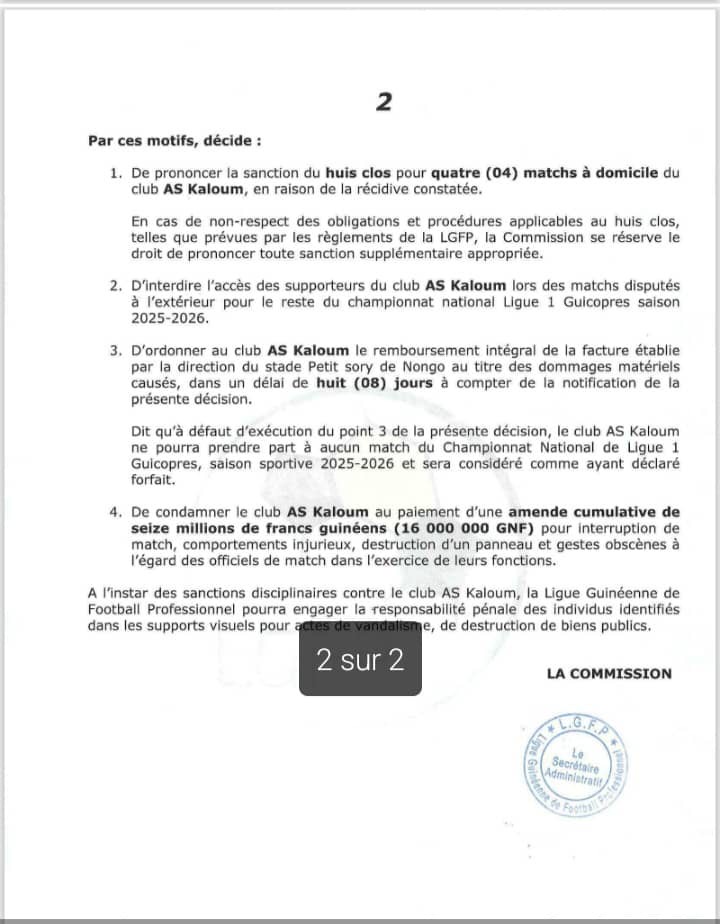 1000626698-1 Troubles au stade Petit Sory de Nongo: le club AS Kaloum lourdement sanctionné.