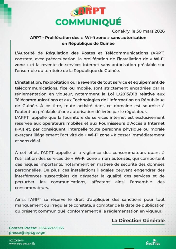 1000694562-724x1024 Prolifération des " Wifi-zone" sans autorisation : l’ARPT alerte et menace ! (Communiqué)