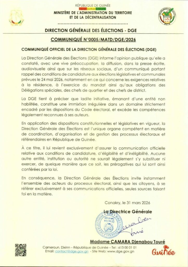 1000696441-723x1024 Élections législatives/communales 2026 : la DGE s’insurge contre les communications parallèles (communiqué)